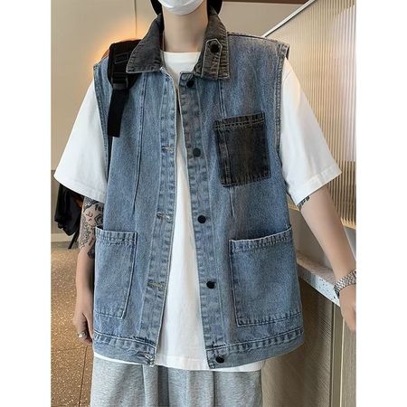 Men's Retro Colorblock Denim Vest Coat Jacket Tops